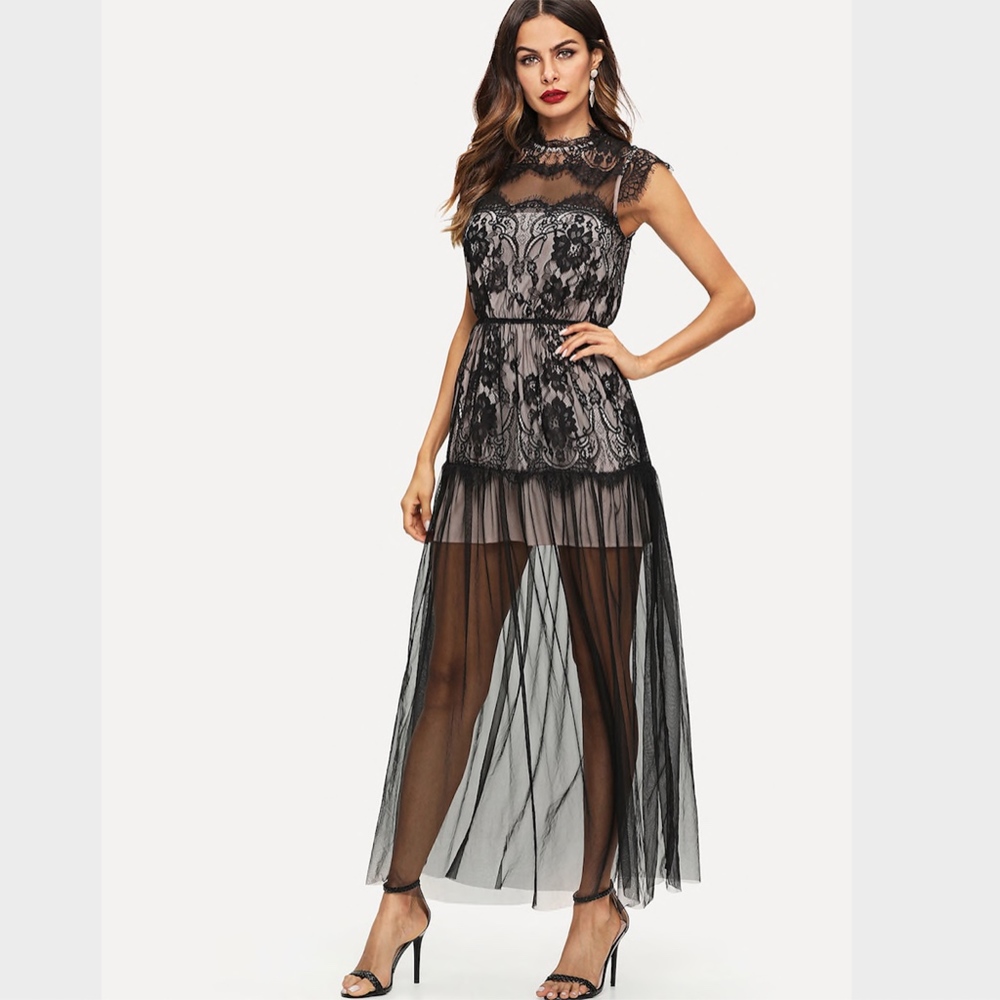 Eyelash Lace Trim Mesh Overlay Maxi Dress Black - Picture 2 of 6